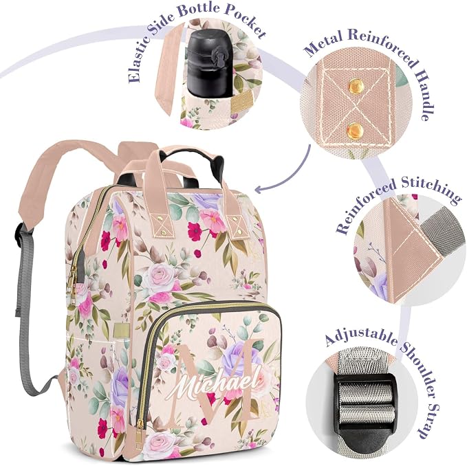 Custom Diaper Backpack, Upgraded Large Capacity Baby Changing Bag, Personalized with Name, Multifuction Mommy Backpack with Insulated Pockets for Boys Girls, Floral