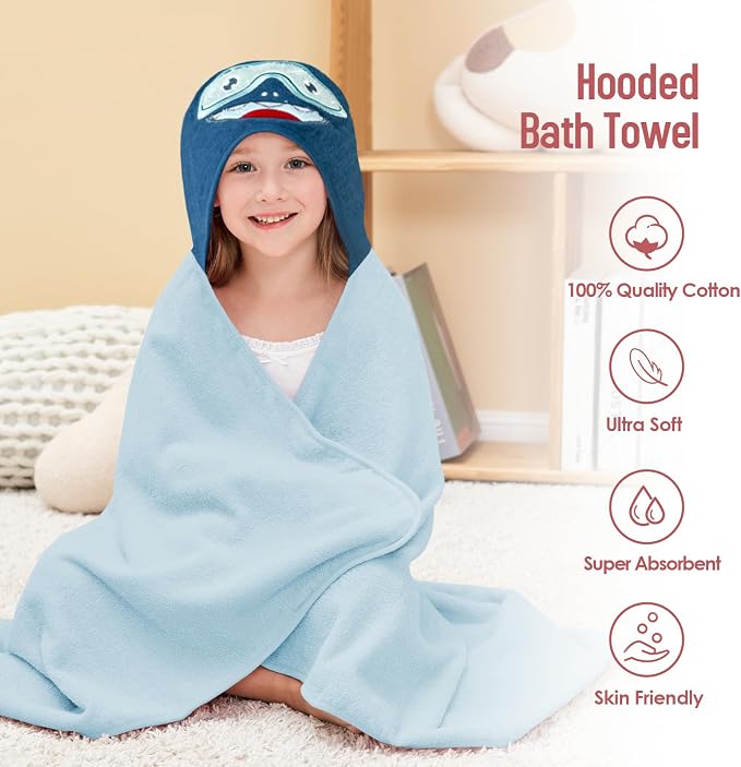 Style Quarters Bath Towel,Kids Hooded Bath Towel Blue Cotton 50x24 Inch - Baby Beach Pool Swim Towel with Hood for Boys and Girls, Absorbent Bath Wrap for Toddler