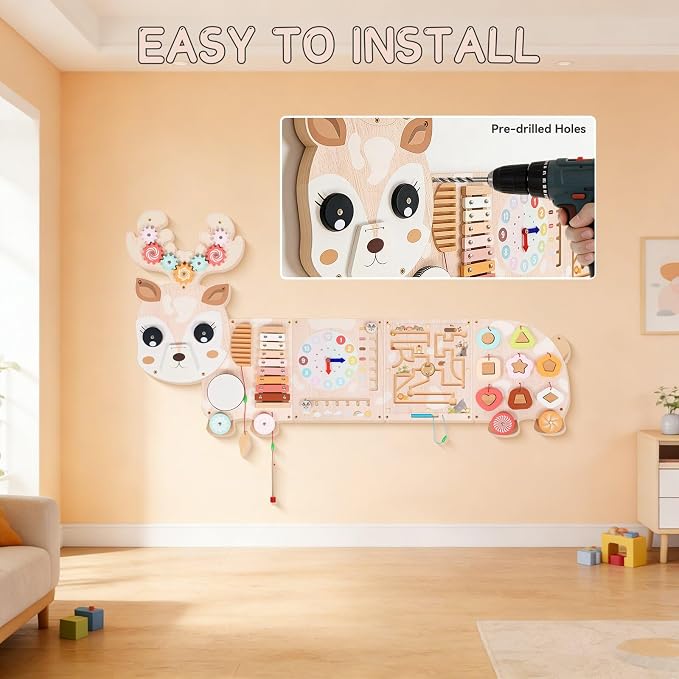 Reindeer Activity Wall Busy Board Panels,12-in-1 Wooden Sensory Wall Panel for Kids, Wooden Montessori Learning Activity Center Sensory Toys for Playroom, Preschool, Daycare, Nursery, Classroom