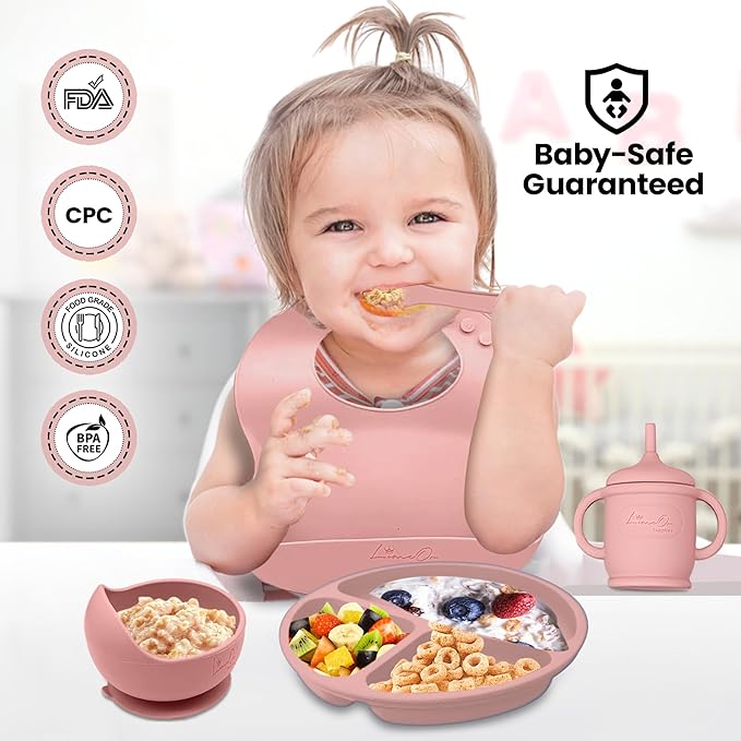 Silicone Baby Feeding Set, 10 Pcs Baby Led Weaning Supplies | BPA-Free Baby Dishes with Toddler Plates and Bowls Set, Silicone Bib, Suction Cup, Baby Spoons & Forks | Empower Independence ??Pink