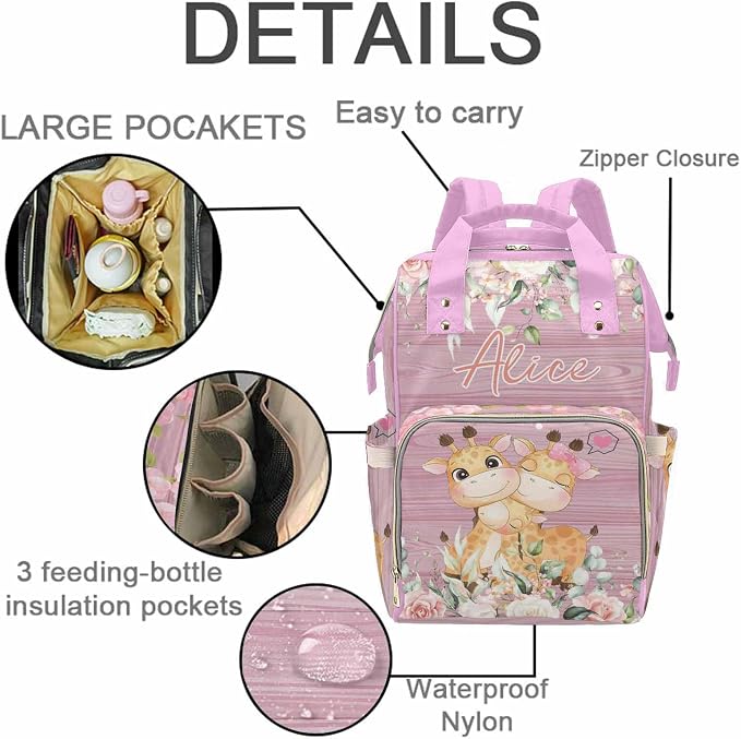 M YESCUSTOM Personalized Diaper Bag Backpack Custom Pink Mommy Nursing Daypack with Name Portable Travel Backpack Waterproof Nappy Bags New Born Gift for Women Mom