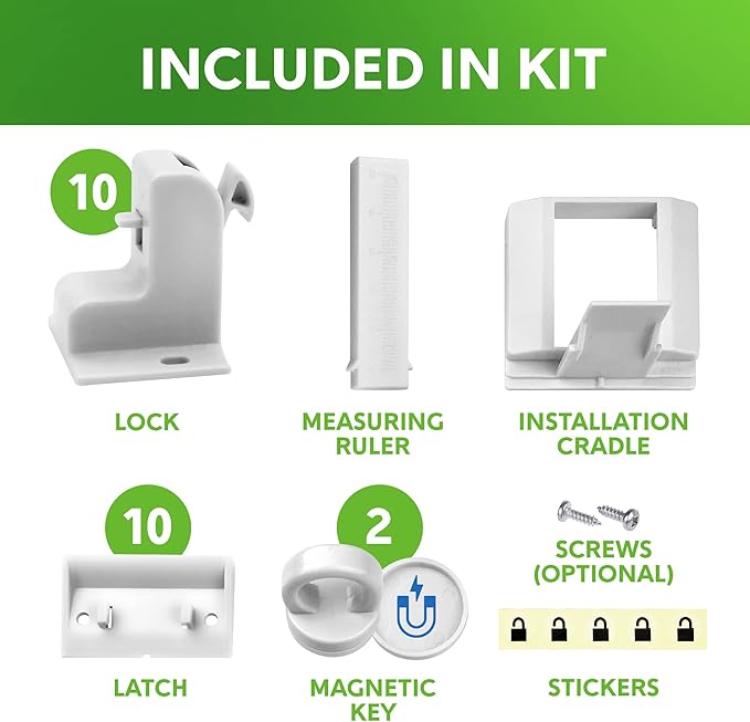 Cabinet Lock for Babies, Magnetic Child Safety Lock, Cupboard and Drawer Baby Proofing Lock, Invisible Magnetic Lock, Easy Installation (10 locks + 2 keys)