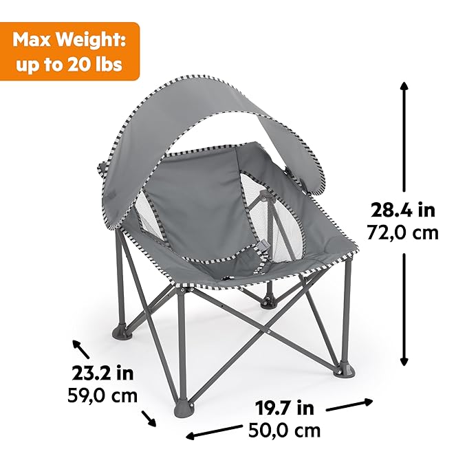 Bright Starts Pop 'N Chill Portable Infant Beach Chair, Travel Seat with UPF 50+ Canopy, Indoor/Outdoor Baby Seat, Grey, 0?? Months