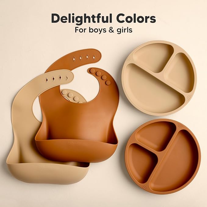 KeaBabies 2-Pack Silicone Bibs for Babies, Toddlers Girl, Boy ??Sturdy Food-Grade Baby Bibs for Eating, Large Food Catcher, Clean & Put On Easily, Waterproof Toddler Feeding Essentials (Terracotta)