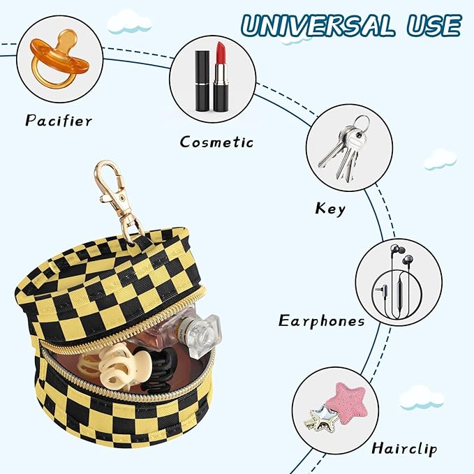 Lemon Yellow Checkerboard Plaid Pacifier Holder Case Newborn Pacifier Storage Pouch for Boys Girls Easy Attach to Diaper Bag Portable Baby Essentials Container