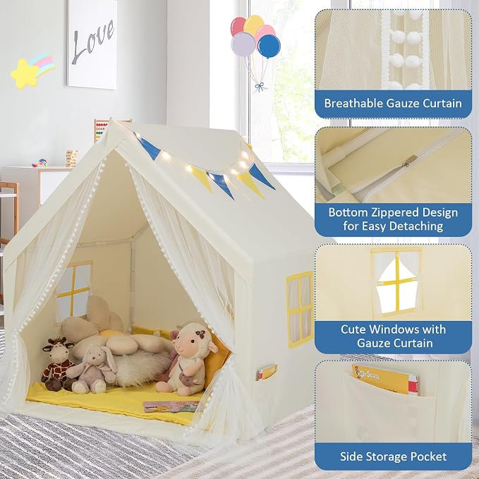 HONEY JOY Kids Tent, Large Kids Play Tent w/Washable Padded Mat, Star Lights, Flags, Windows & Storage Pocket, Indoor Outdoor Toddler Playhouse, 48” x 42” x 50”, Tent for Kids Boys Girls