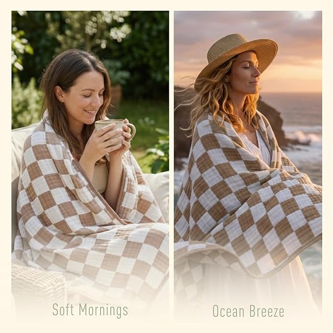 6-Layer Muslin Toddler Blanket - Made with Organic Cotton, Large 50x60 Crib Quilt & Bedding for Kids & Moms (Coffee Checkered)