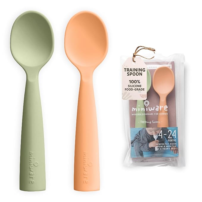 Miniware Silicone Baby Spoon for Training - BPA Free Baby Utensils - Baby Spoons Self Feeding 6 Months | 100% Food Grade Silicone - Modern & Dishwasher Safe | Dishwasher Safe (Pistachio & Toffee)