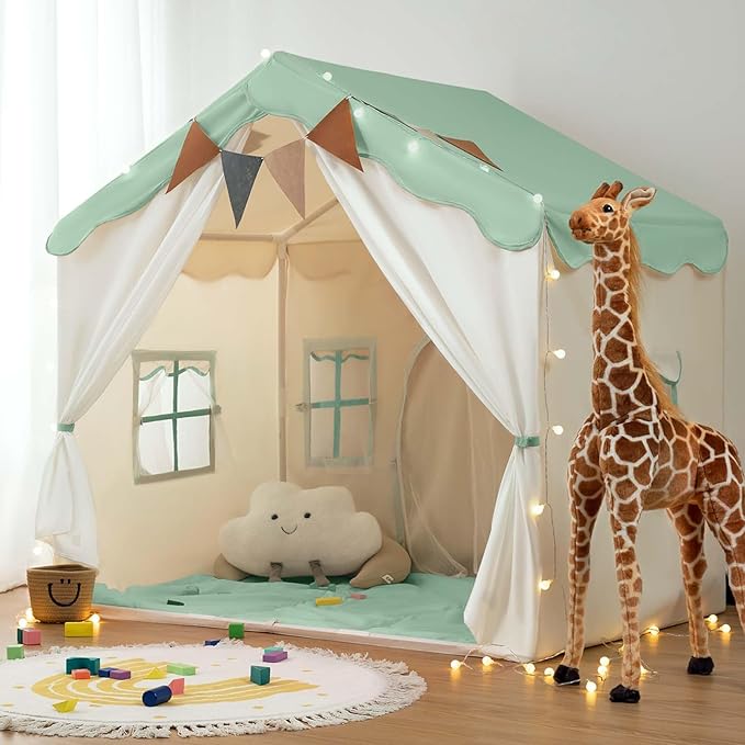 besrey Kids Tent, Kids Play Tent 2 in 1 with Padded Mat and Lights, Large Playhouse with 2 Doors & 4 Windows, Indoor & Outdoor, Christmas Toddler Playhouse, 51" x35" x 51" (Green)