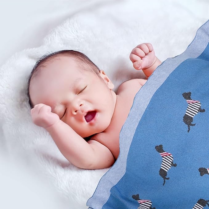 Opewod Baby Blanket Knitted 100% Cotton Soft Blankets for Newborn Boy Girls Cute Dog Dachshund 30x40 inches Jean Blue