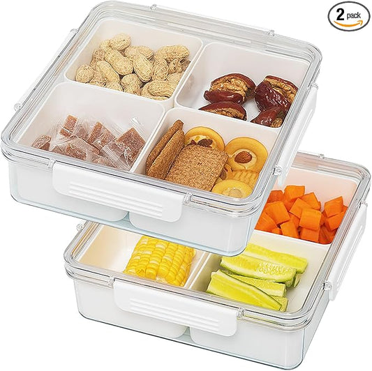 2pack Divided Serving Tray with Lid, 4 Compartment Removable Snack Boxes Fruit Food Storage Containers, Snackle Vegetable Veggie Box Plastic Organizer for Fridge (8.7x8.7x3.0, Clear and White)
