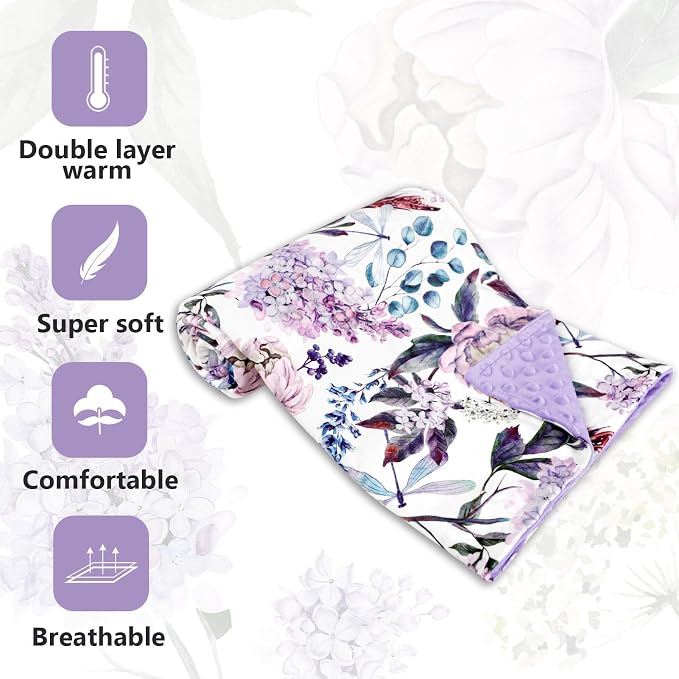 Purple Baby Blankets, Floral Minky Toddler Blanket for Boys Girls, Dotted Backing, Double Layer, Crib Receiving Blanket, for Nursery/Stroller/Toddler Bed/Carseat, 30 x 40 Inch