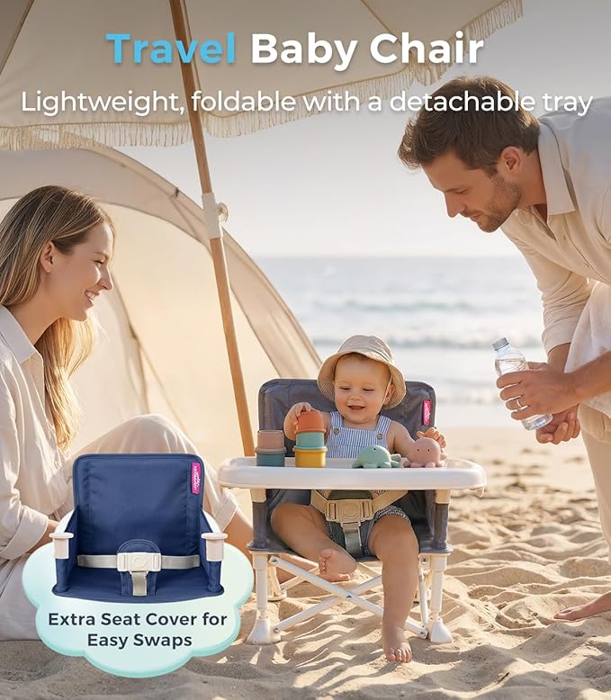 Portable Baby Chair, Baby Beach Chair with 2-Pack Interchangeable Seat Covers, Portable Booster Seat with Tray & Travel Bag, Compact Foldable, Easy-Swap Colors, Perfect for Travel