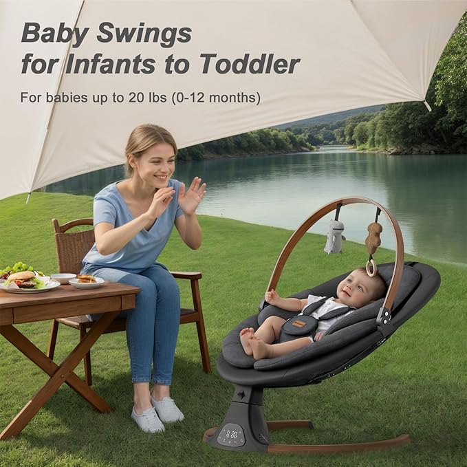 Baby Swings for Infants, Monamii Baby Swing, Bluetooth Infant Swing with Music Speaker, 5 Speeds and Remote Control, Indoor & Outdoor Use (Black)