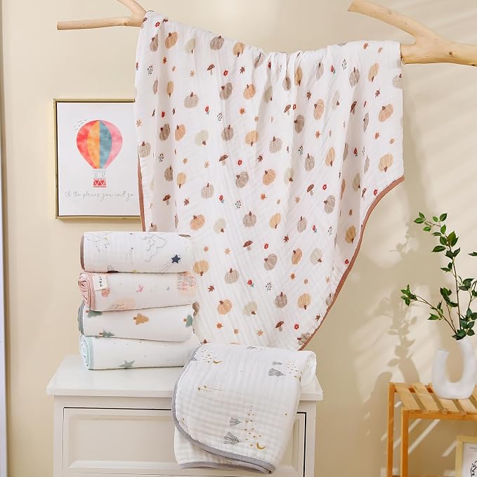 Ultra Soft 6-Layer Muslin Baby Blanket 43"x43" Happy Fall Pumpkin Breathable Lightweight Muslin Cotton Swaddles Bed Blankets for Toddlers Babies Newborn Birthday Gifts All Seasons