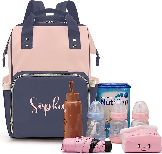 Custom Diaper Bag with Name Personalized Multifunctional Mommy Backpack for Daughter Granddaughter, Blue Daypack Bag for Travel