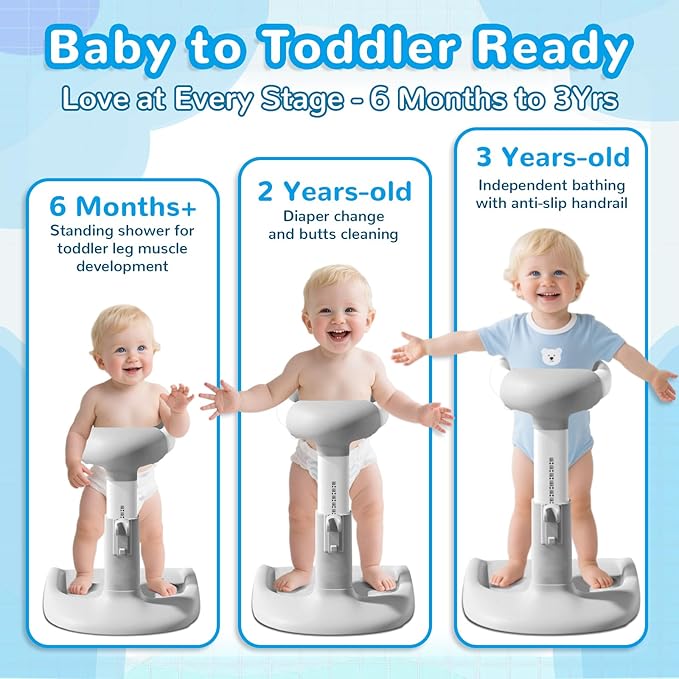 Baby Shower Stand with Seat - Adjustable Height Shower Standing Bath Support | Baby Bath Stand Soporte para Bañera de Bebé | Toddler Shower Stand Assist Holder for 8-36 Months