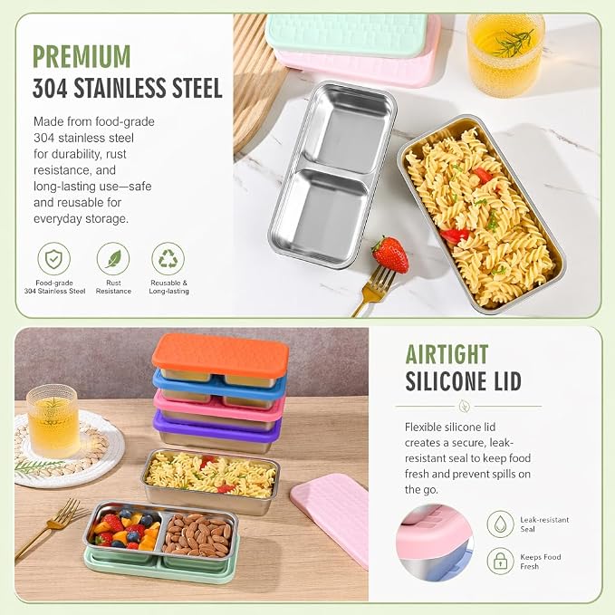 4 Pack Stainless Steel Snack Containers, Leak-Proof 2 Compartment Lunch Boxes with Silicone Lids, Reusable Metal Snack Box for Meal Prep, Travel, Outdoor & Daily Use (1 & 2 Compartments – A)