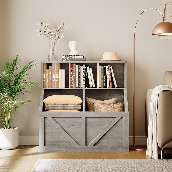 IDEALHOUSE Kids Bookshelf and Toy Storage, Toy Storage Organizer, Toy Organizer with Storage Cabinet and Toy Shelf, Toddler Book Shelf for Kids Rooms, Playroom, Bedroom, Nursery, Daycare, Washed Grey