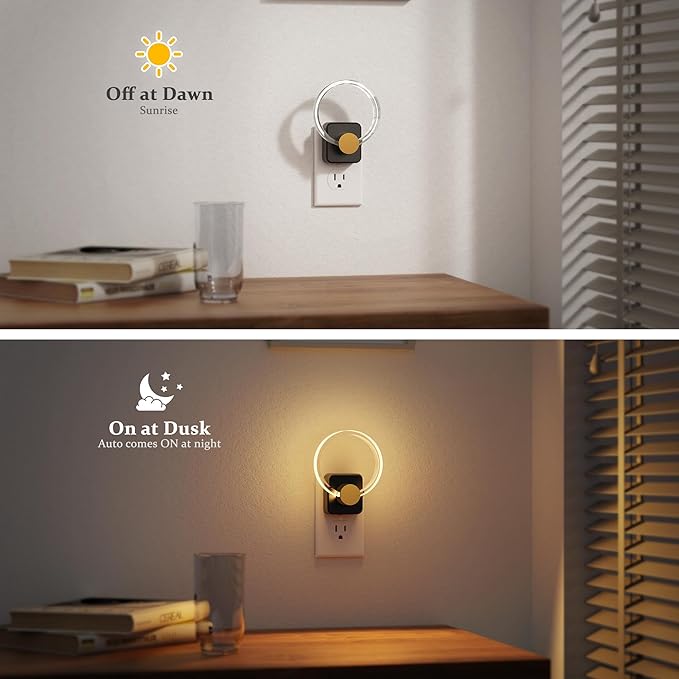 JandCase Night Light, Night Lights Plug into Wall, 2 Pack Dimmable Nightlight with Dusk to Dawn Sensor, 180° Rotatable Round Plug in Nightlights, LED Circle Acrylic Night Light for Bathroom Kids Gifts