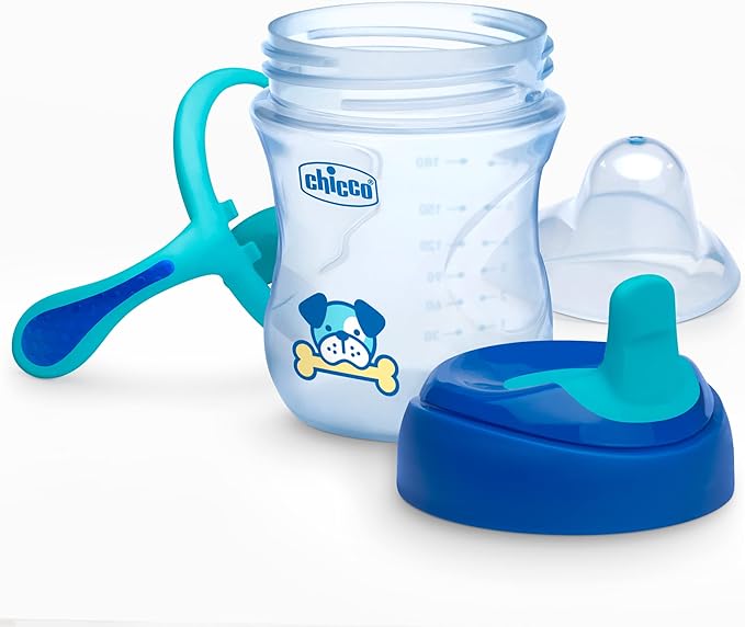 Chicco 7oz. Semi-Soft Trainer with Bite-Resistant Spout and Spill-Free Lid | Removable, Non-Slip Handles | Top-Rack Dishwasher Safe | Easy to Hold Ergonomic Indents | Blue| 6+ months (Pack of 2)