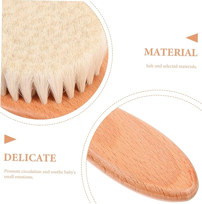 Kisangel 3sets Wool Hair Brush and Comb Newborns Gentle Bathing Brush Ergonomic Handle Comb and Round Wool Cradle Cap Care and Scalp Cleaning