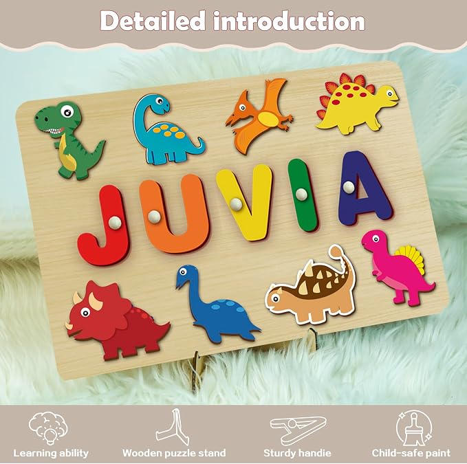 Custom Name Puzzles for Toddlers 1-3 - Name Puzzle for Kids, Personalized Wooden Animal Puzzle, Baby Gifts, Baby Shower, Christmas, Newbaby Gift, Gifts for 1 2 3 Years Old (Dinosaur-01)