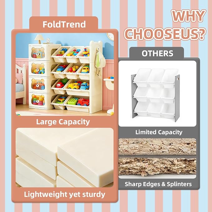 Toy Storage Organizer with 4 Drawers and 10 Bins, 4-Tier Bookshelf with Removable Storage Bins, Cute Bear Cartoon Design, Sturdy Organizer for Playroom, Nursery, Classroom