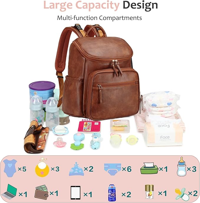 LORADI Lightweight Diaper Bag Backpack with Stroller Clips, Insulated Pockets, Baby Shower Essentials (Classic, Brown)