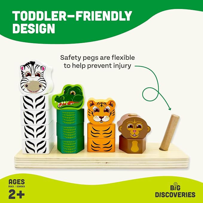 Big Discoveries Wild Stacker - Animal Block Stacking Puzzle for Ages 2 and Up | Durable Wooden Geometry Shape Toy with Flexible Safety Pegs and Pegboard - Fun Montessori Stack Toy for Toddlers