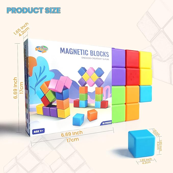 Large Magnetic Building Blocks in 8 Colors, 1.65 Inch Magnet Cubes for Sensory Education, STEM Learning Stacking Toys for Toddlers, 1 2 3 Years Old Boys & Girls Birthday Gifts (16PCS)