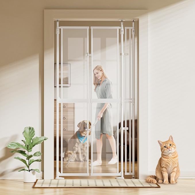 YUFU 75"-98" Extra Tall Cat Gate, Clear Width Adjustable Dog Gate for Doorways, Stairs, Hallways, Auto-Close No Drilling Pet Safety Gate Transparent Barrier for Dogs Cats (White)