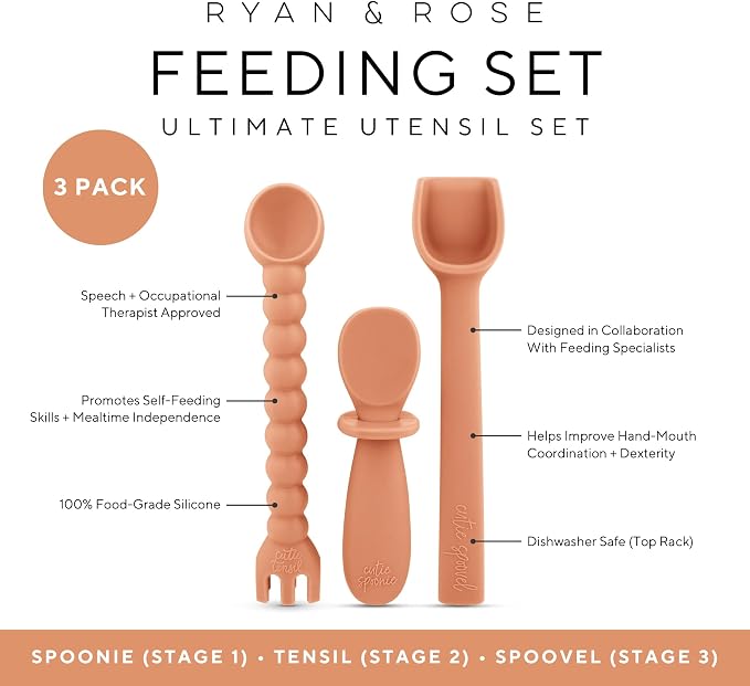 Ryan & Rose Ultimate Baby Utensil Set of 3 Silicone Baby Spoons Silicone feeding set for baby led weaning, self feeding 6 months, toddler utensils (Terracotta) (Pack of 2)