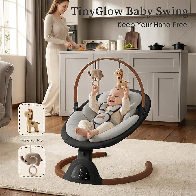 Baby Swings for Infants, TinyGlow Baby Swing, Electric Baby Swing with Remote Control,Portable Infant Swing for Indoor & Outdoor Use (Black)