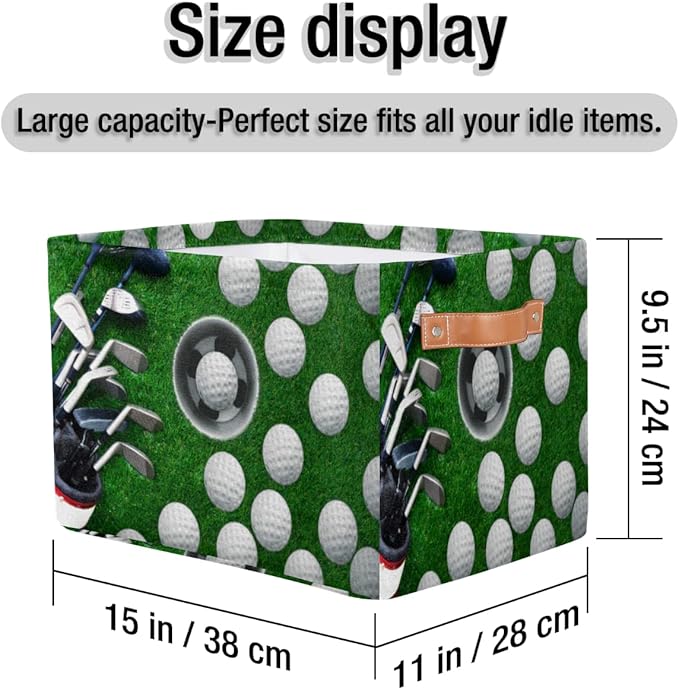 Golf Ball Storage Basket, Sport Golf Ball Foldable Storage Bin with Handle Fabric Rectangular Storage Box Organizer for Closet Shelf Home Office Nursery Toy Basket, 2 Pack
