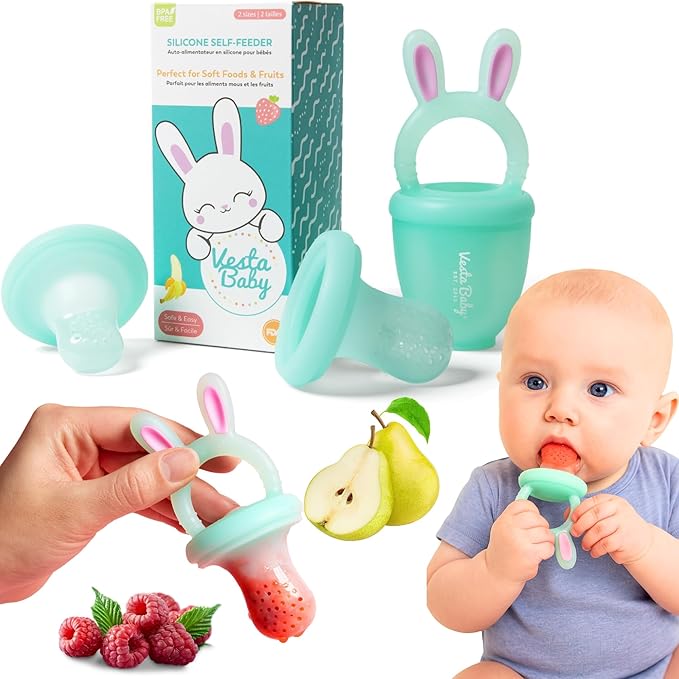 Vesta Baby Fresh + Frozen Food Feeder - 2 Sizes Soft Silicone Push Pop Fruit Nibbler for Safe Infant Self Feeding - Solid Foods Weaning & Teether Set - Bunny Teething Relief Toy for Babies 4M+