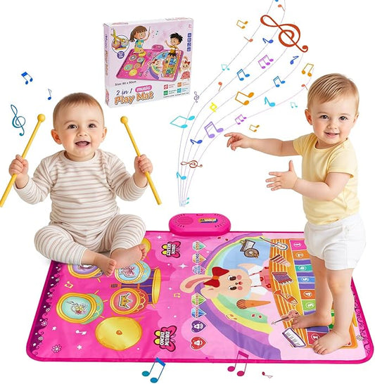 Baby Musical Play Mat,Early Educational 3 in 1 Floor Piano Drum Animal Touch 31.5"*19.6 " Play Blanket Montessori Sensory Musical Learning Toys,Baby Birthday (Pink Rabbit)