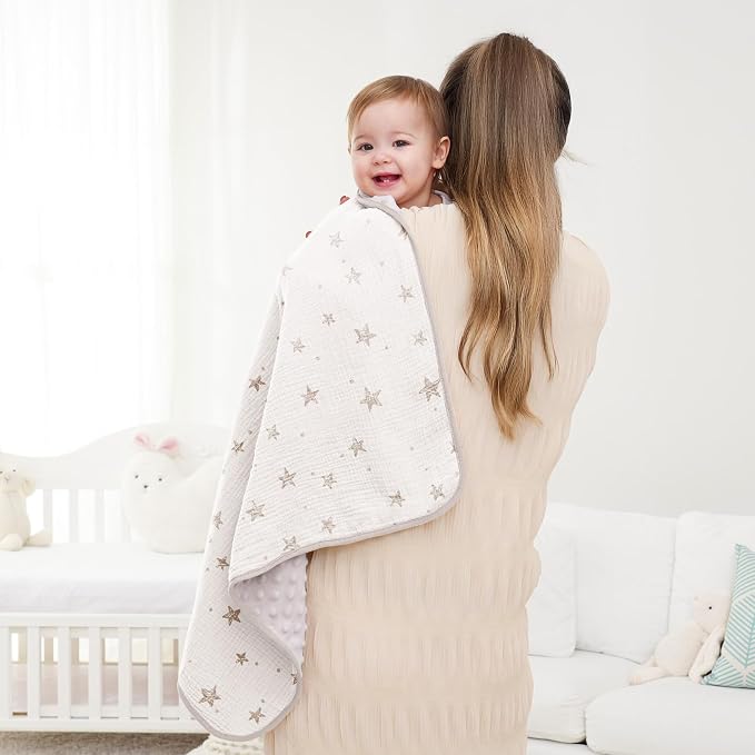 Susurration Baby Blanket for Unisex Boys Girls, 2 Pack Soft Fluffy Crib Blankets with Muslin Cotton Front and Dotted Fleece Back, Receiving Blanket for Baby Newborn Infant, 30x40inch, Beige Star&Grey