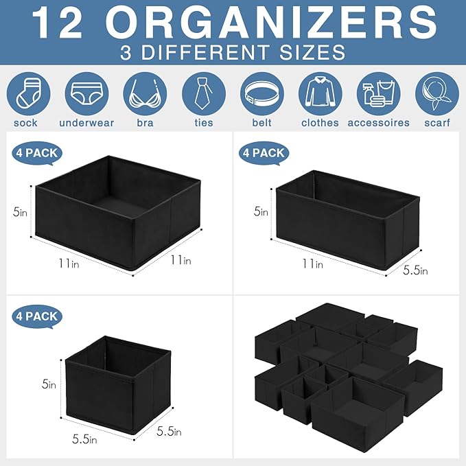 Criusia Drawer Organizer Clothes 12 Pack - Odorless Closet Organizers and Storage for Sock Underwear Bra - Dresser Organizador for Bedroom Organization -Nursery Drawer Divider Trays for Baby Clothes