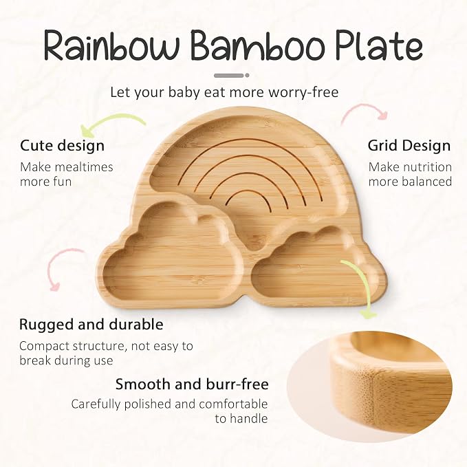 let's make Marble Plate Set, 4 Pieces Bamboo Suction Place Setting for Baby-Led Weaning Feeding Set, Rainbow Design