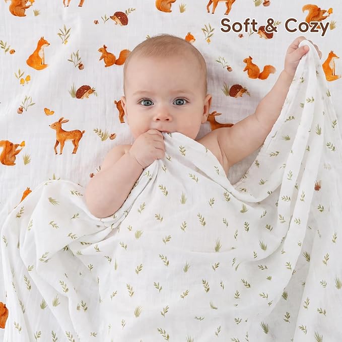 david's kids 4 Pack Baby Muslin Swaddle Blankets, 100% Cotton and Ultra Soft Breathable Receiving Blanket Wrap for Boys Girls, New Born Essentials, Large 47 x 47 inches, Forest Animals
