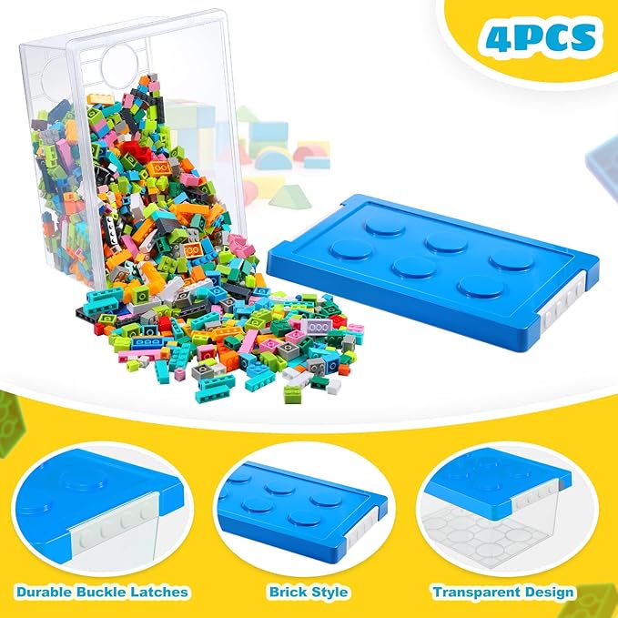 Vicenpal 4 Pack Toy Storage Containers with Lids Brick Shaped Kids Toy Organizer Box Plastic Clear Stackable Bin Chest for Building Block Dolls(Small,Red, Yellow, Blue, Green)