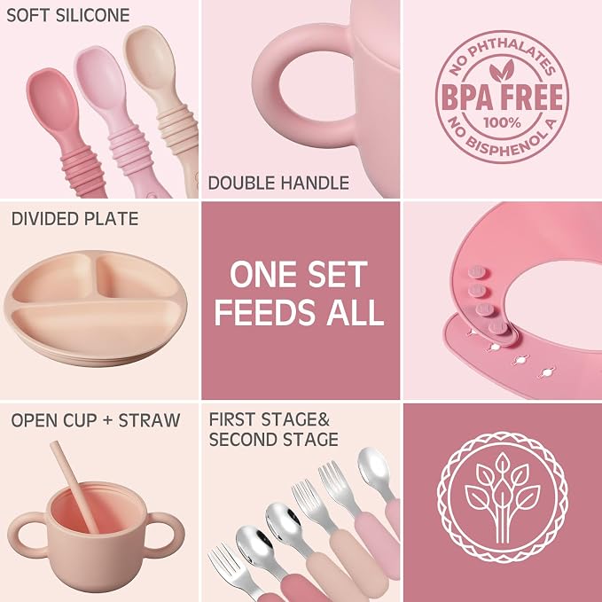 Yinder 24 Pack Silicone Baby Feeding Set Baby Led Weaning Essentials Suction Divided Plate Bowl Spoon Fork Adjustable Bib Snack Cup Straw for 6+ Months(Dark Pink, Dusty Pink, Peach Color)