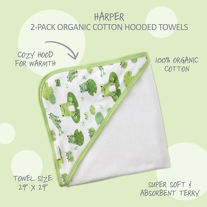 Butterblu Harper - 100% Organic Cotton Hooded Towels in Soft and Absorbent Baby Terry, 2-Pack, Leaf Frog, One Size