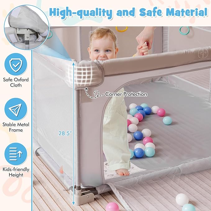 Costzon Foldable Playpen for Babies, 50''x50'' Portable Baby Play Pen with 50 PCS Ocean Balls, 4 Handles, Carry Bag, Visible Mesh, Kids Activity Center with Gates, Indoor & Outdoor Gate Play Pen