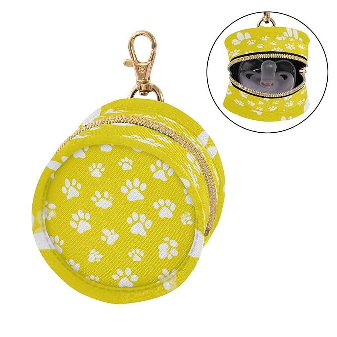 Pacifier Holder with Clip Pacifier Case for Diaper Bag Round Baby Pacifier Pouch Box Bag Portable Bright Yellow Paw Prints