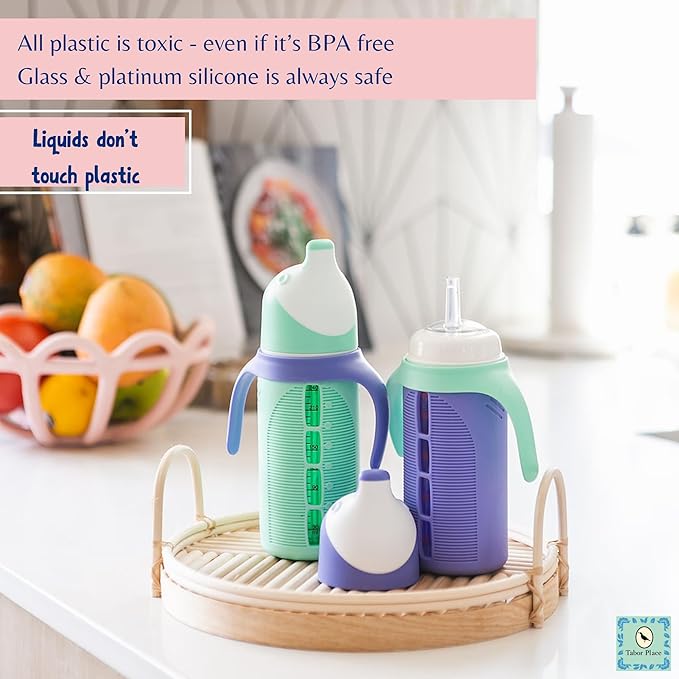 Tabor Place Set of 2 - Glass Sippy Cup for Toddlers - The Luca | Mint Green & Indigo Purple | Spill-Proof | Silicone Straw | 8 oz | Liquids Never Touch Plastic | Removable Handles…