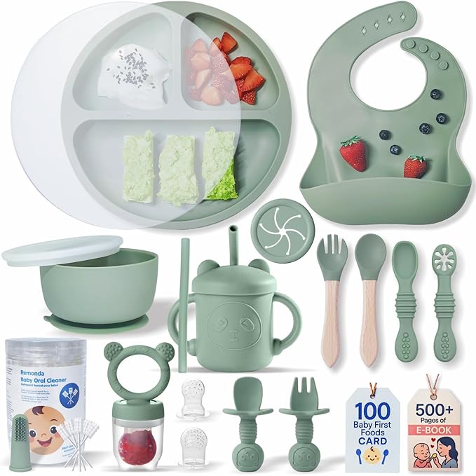 Remonda 23-Piece BPA-Free Silicone Baby Feeding Set | Extra Large Suction Plates, Toddler Bowls, Self Feeding Spoons, and More | Dishwasher Safe| Baby Led Weaning Supplies (Greenï¼?1