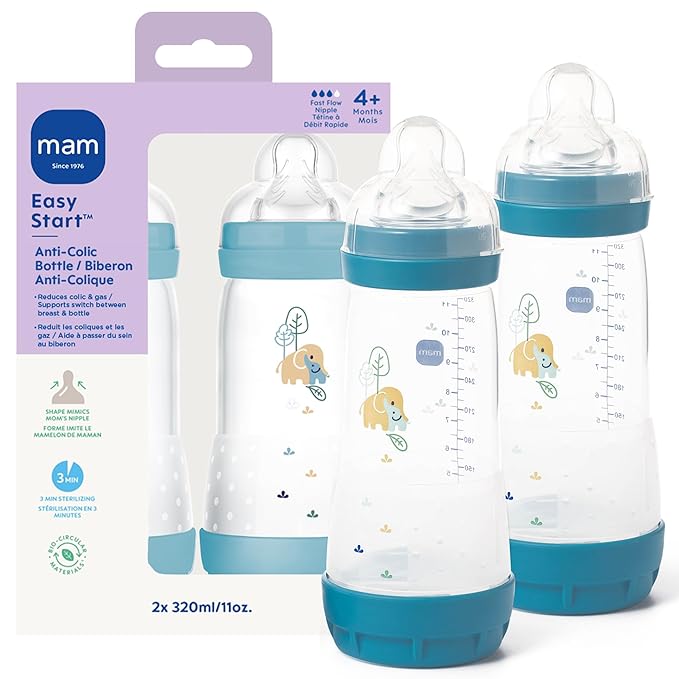 MAM 11oz Easy Start Anti-Colic Wide Neck Baby Bottle, Fast Flow Breastfeeding-Like Nipple, Reduces Colic Gas & Reflux, Easy to Clean, BPA Free, 4+ Months, Made in Europe, 2 Pack