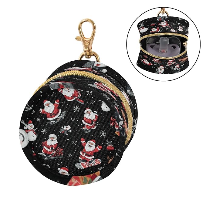 Pacifier Holder with Clip Pacifier Case for Diaper Bag Round Baby Pacifier Pouch Box Bag Portable Black Santa Claus Snowmen Deer